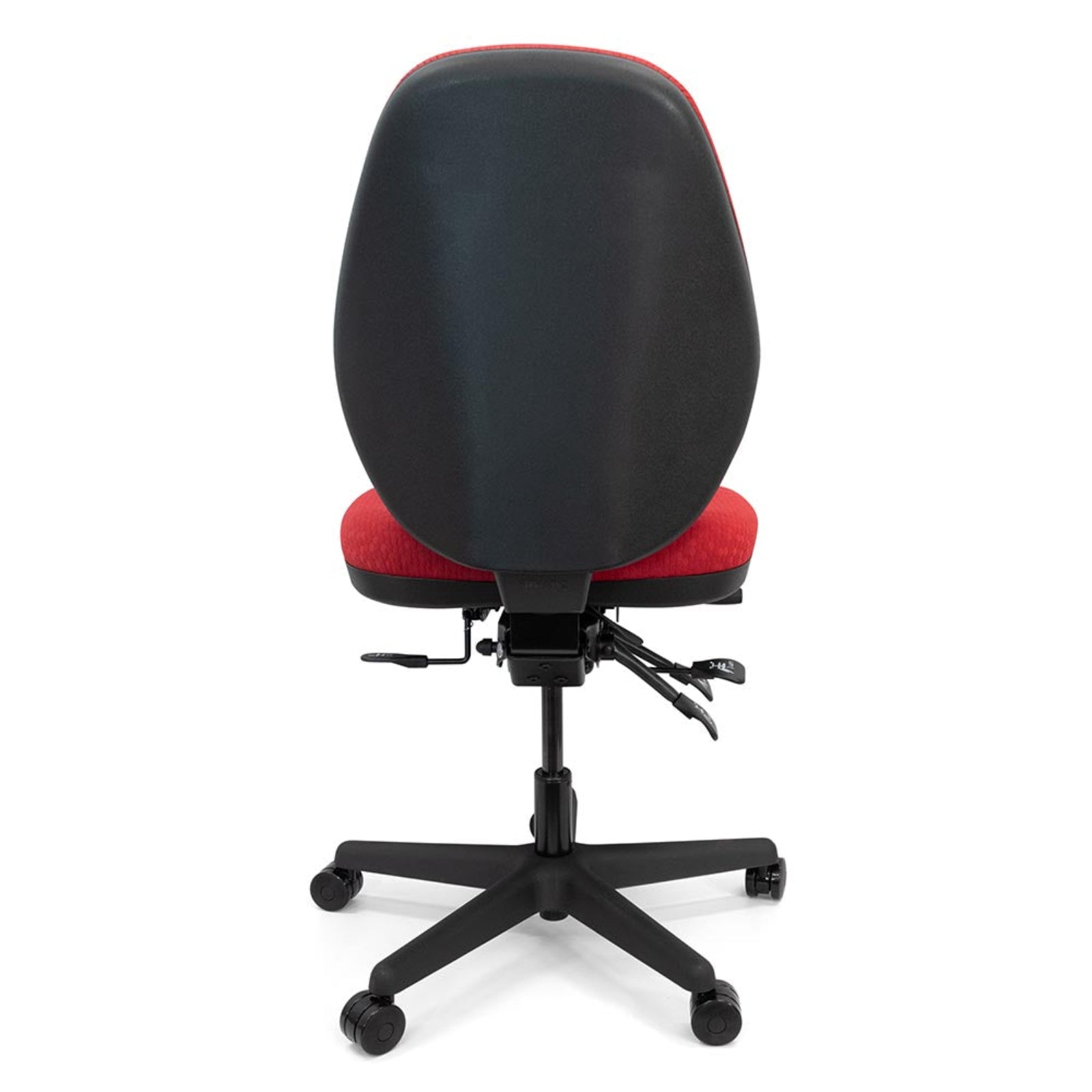 A high-back office chair with a black upholstered backrest and red upholstered seat and side panels, mounted on a black five-star wheeled base.