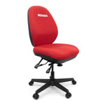 A red fabric office chair with a black five-star base and casters, featuring the brand name 'BERNINA' printed in white on the backrest.