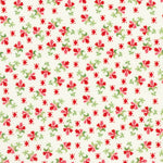 A repeating floral pattern featuring red and pink flowers with green leaves on a warm off-white background.