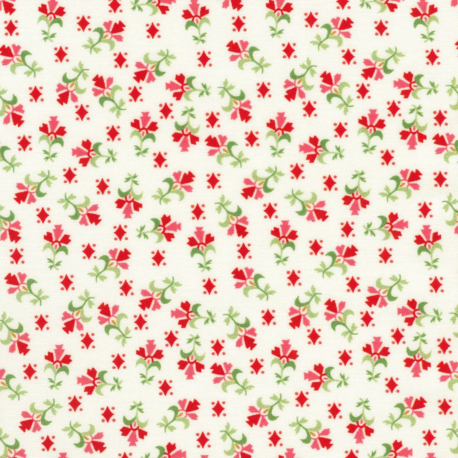 A repeating floral pattern featuring red and pink flowers with green leaves on a warm off-white background.