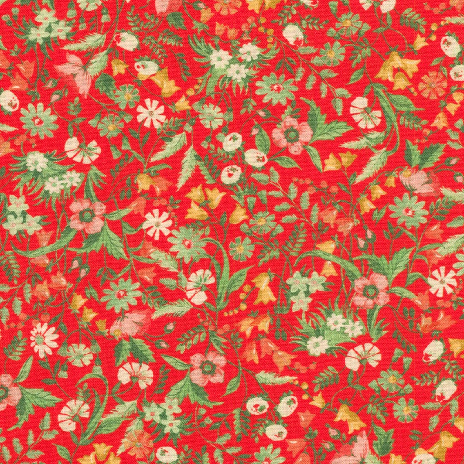 A close-up of a red fabric pattern featuring a dense, repeating botanical design of white, pink, yellow, and green flowers and leaves.