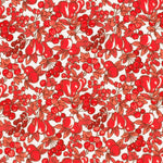 A repeating fruit and berry pattern in red and coral tones on a white background, featuring pears, berries, and leaves arranged all over the surface.