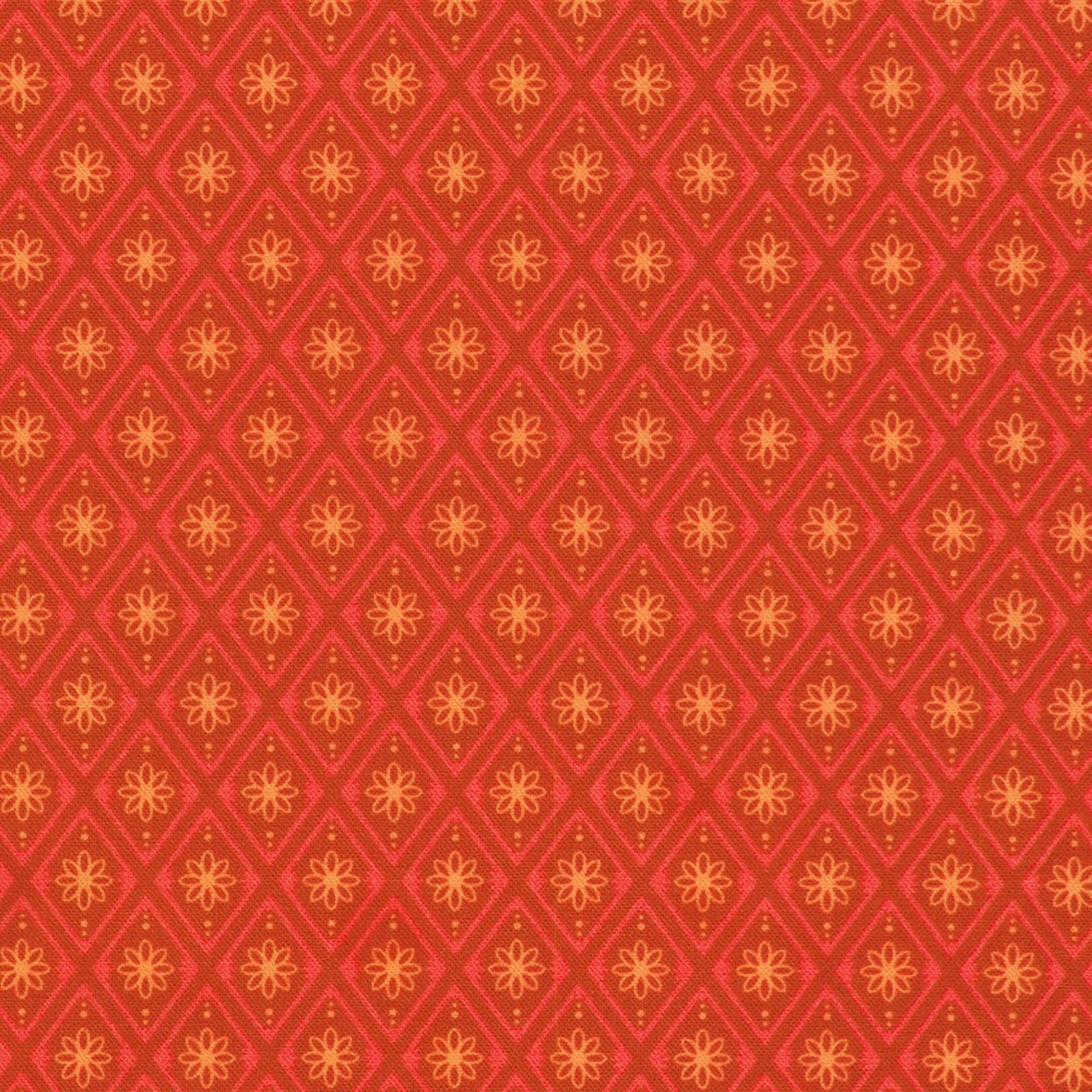 A repeating red and orange geometric pattern with diamond shapes and small starburst motifs, filling the entire frame.