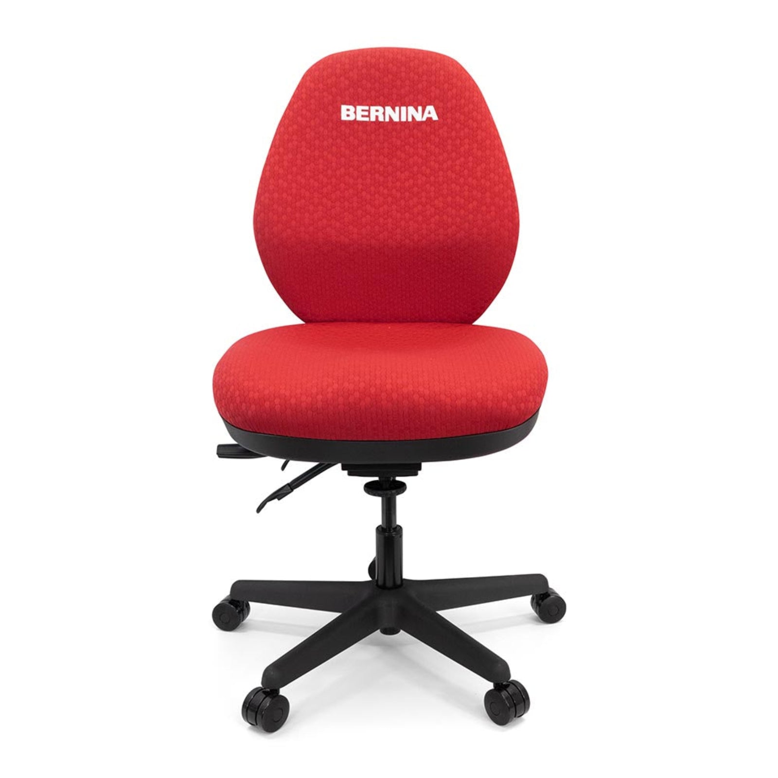 A red fabric office desk chair with a black five-star wheeled base. The brand name 'BERNINA' is printed in white on the backrest.