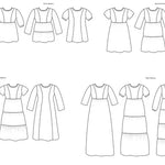 Line drawings showing the Florence Tunic/Top in multiple lengths and sleeve options, including top, tunic, above‑knee, below‑knee, and maxi variations