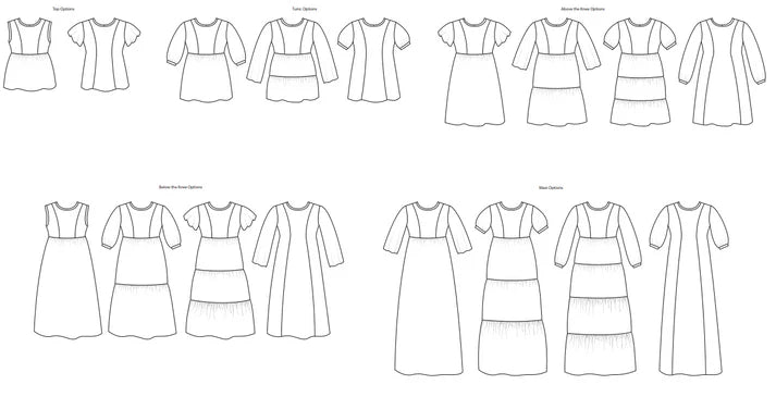 Line drawings showing the Florence Tunic/Top in multiple lengths and sleeve options, including top, tunic, above‑knee, below‑knee, and maxi variations