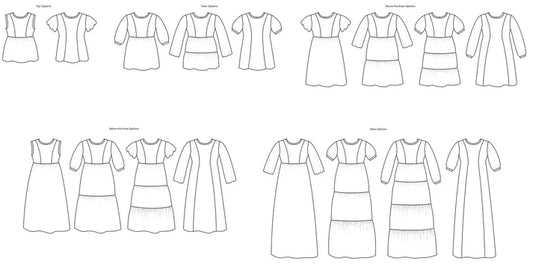 Line drawings showing the Florence Tunic/Top in multiple lengths and sleeve options, including top, tunic, above‑knee, below‑knee, and maxi variations