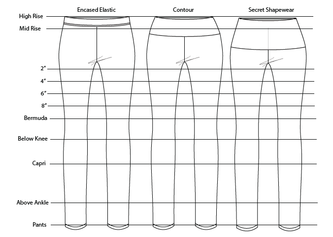 Line drawings comparing the Foxglove Leggings rises and lengths across multiple waistband styles