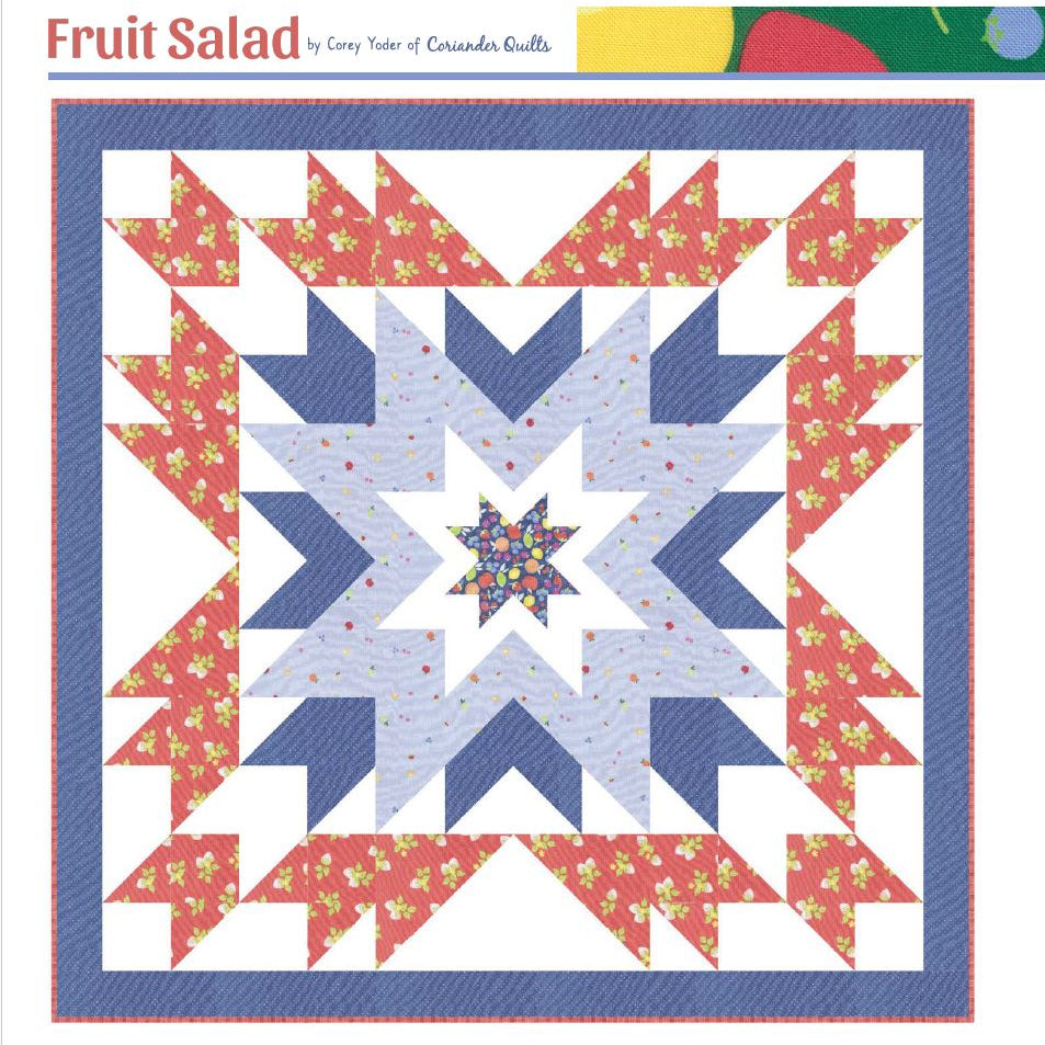 Quilt kit titled 'Fruit Salad' with star design and colorful border.