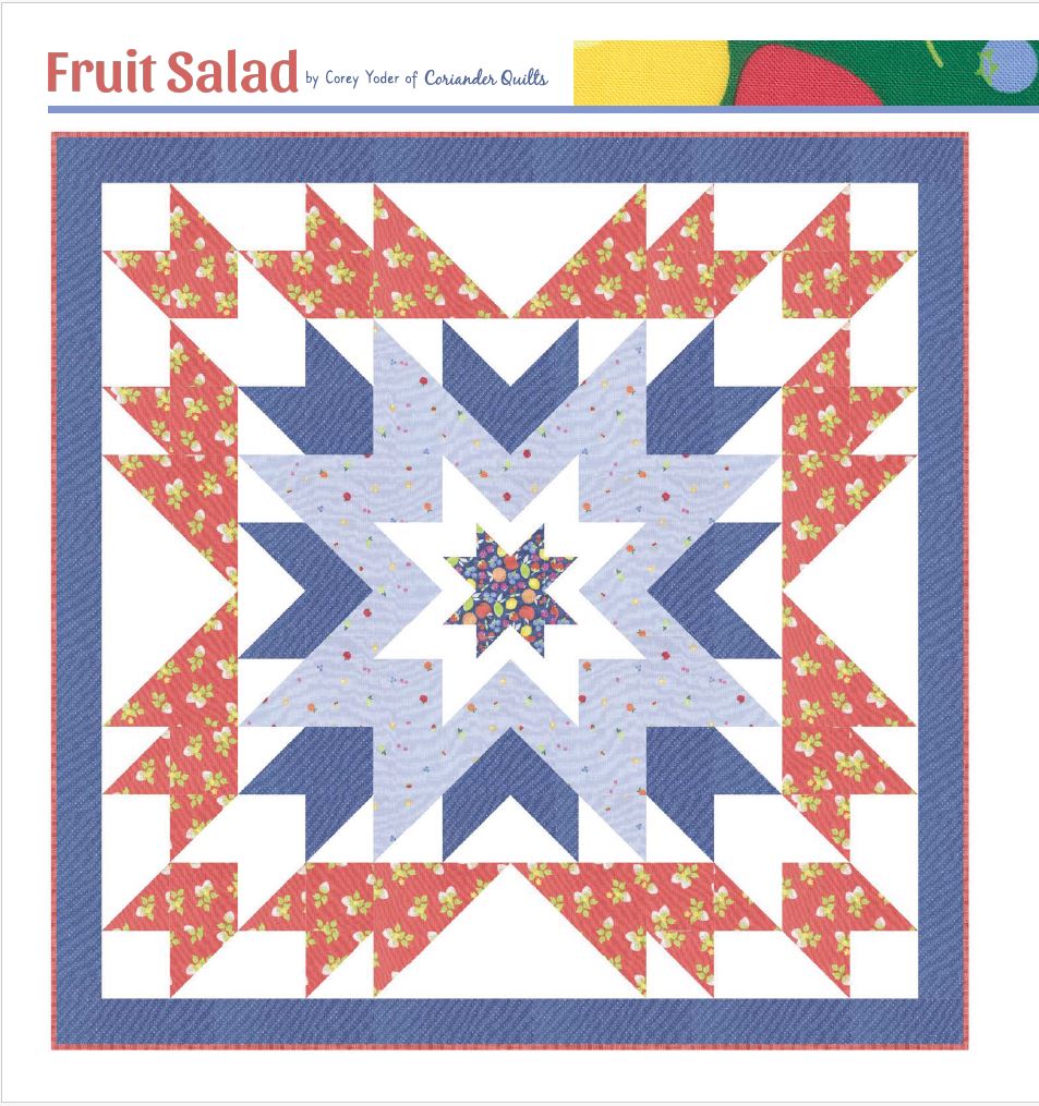 Quilt kit titled 'Fruit Salad' with star design and colorful border.