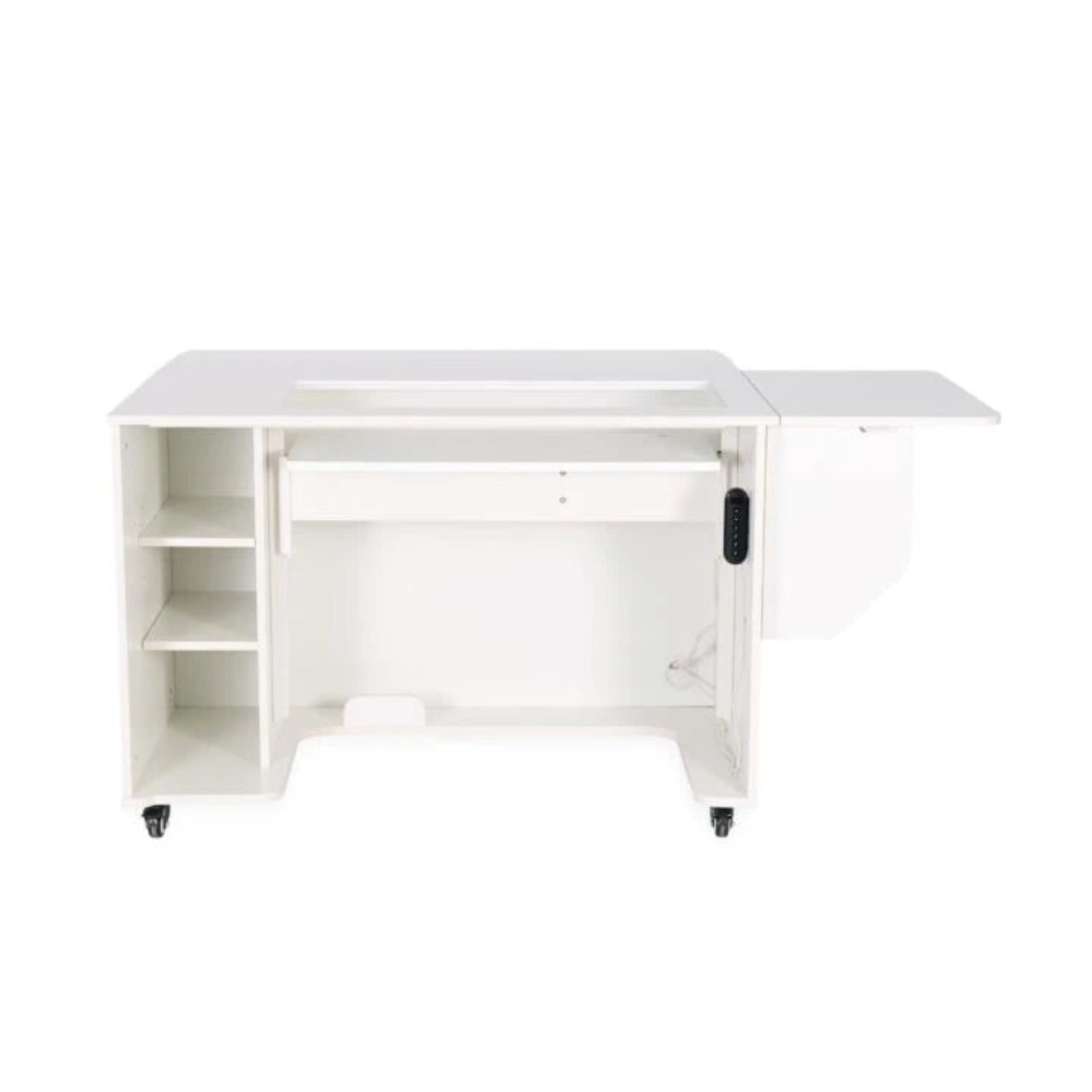 White sewing table with three small shelves 