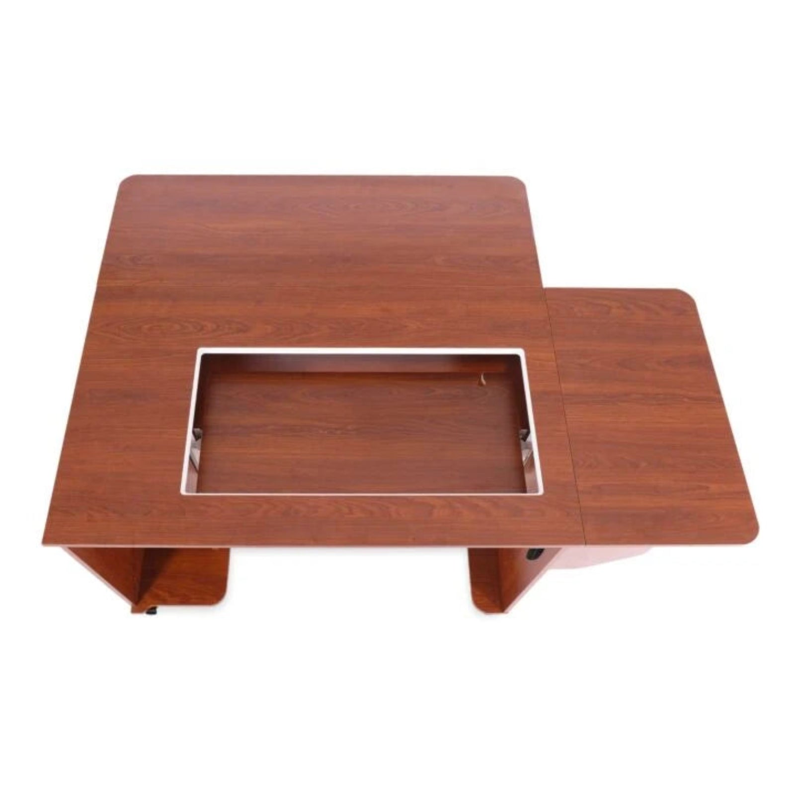 A reddish-brown wooden sewing table with a rectangular recessed insert in the center, shown from a top-down angle on a white background.