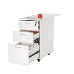 White storage cabinet with drawers and a small appliance on a white background