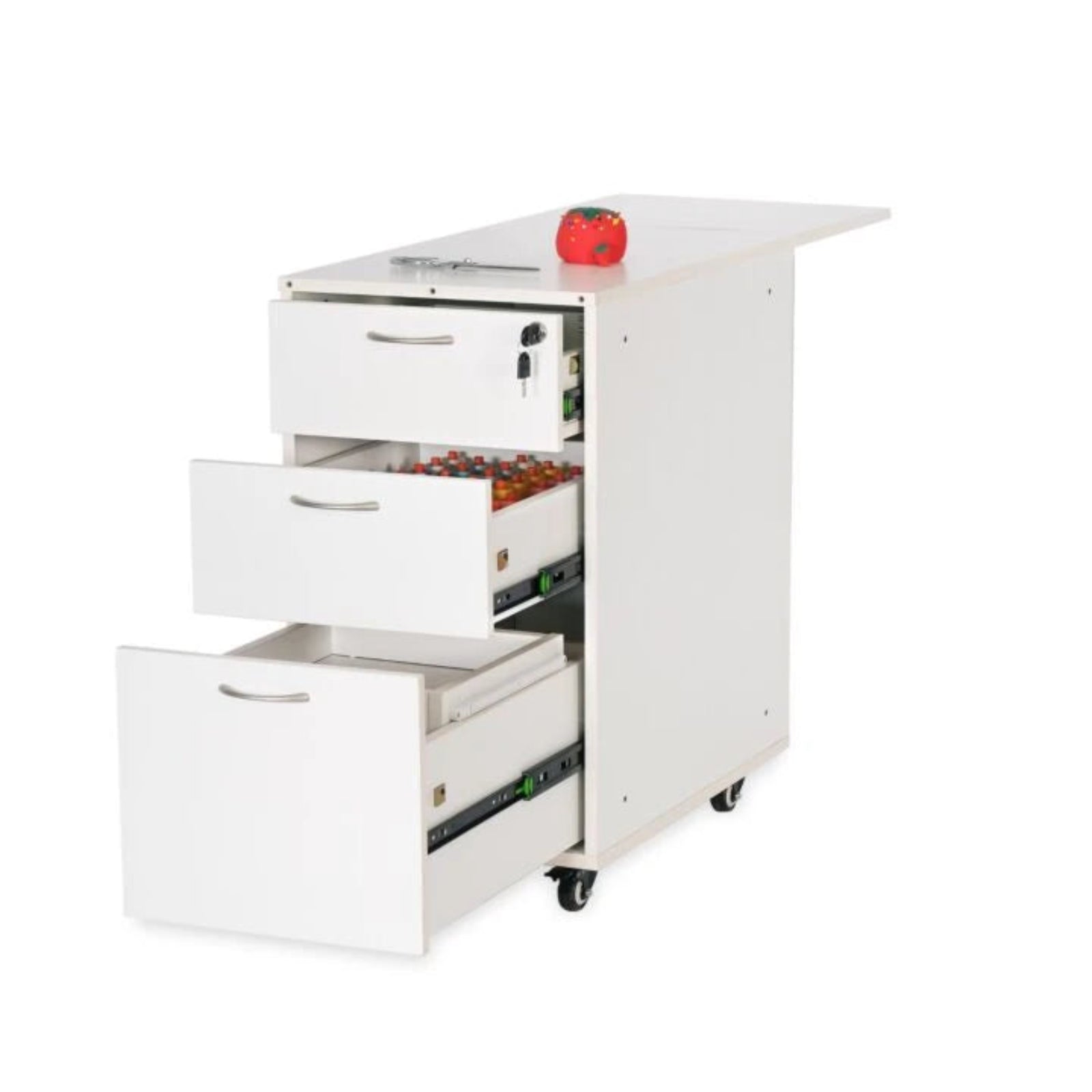 White storage cabinet with drawers and a small appliance on a white background