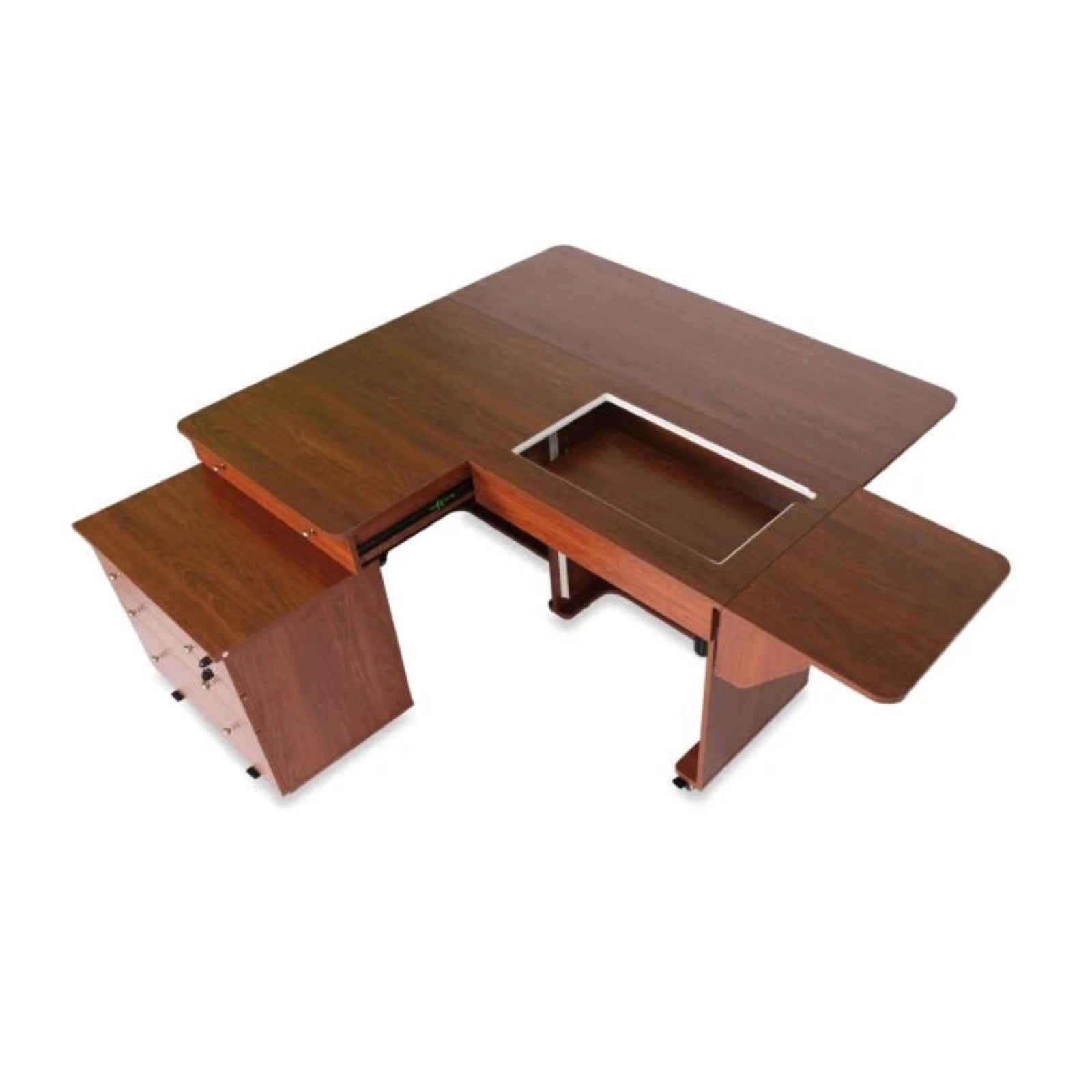 A dark brown wooden L-shaped sewing desk with a built-in drawer on the left and a fold-out side table on the right, shown on a plain white background.