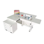 White sewing desk with a sewing machine on a white background