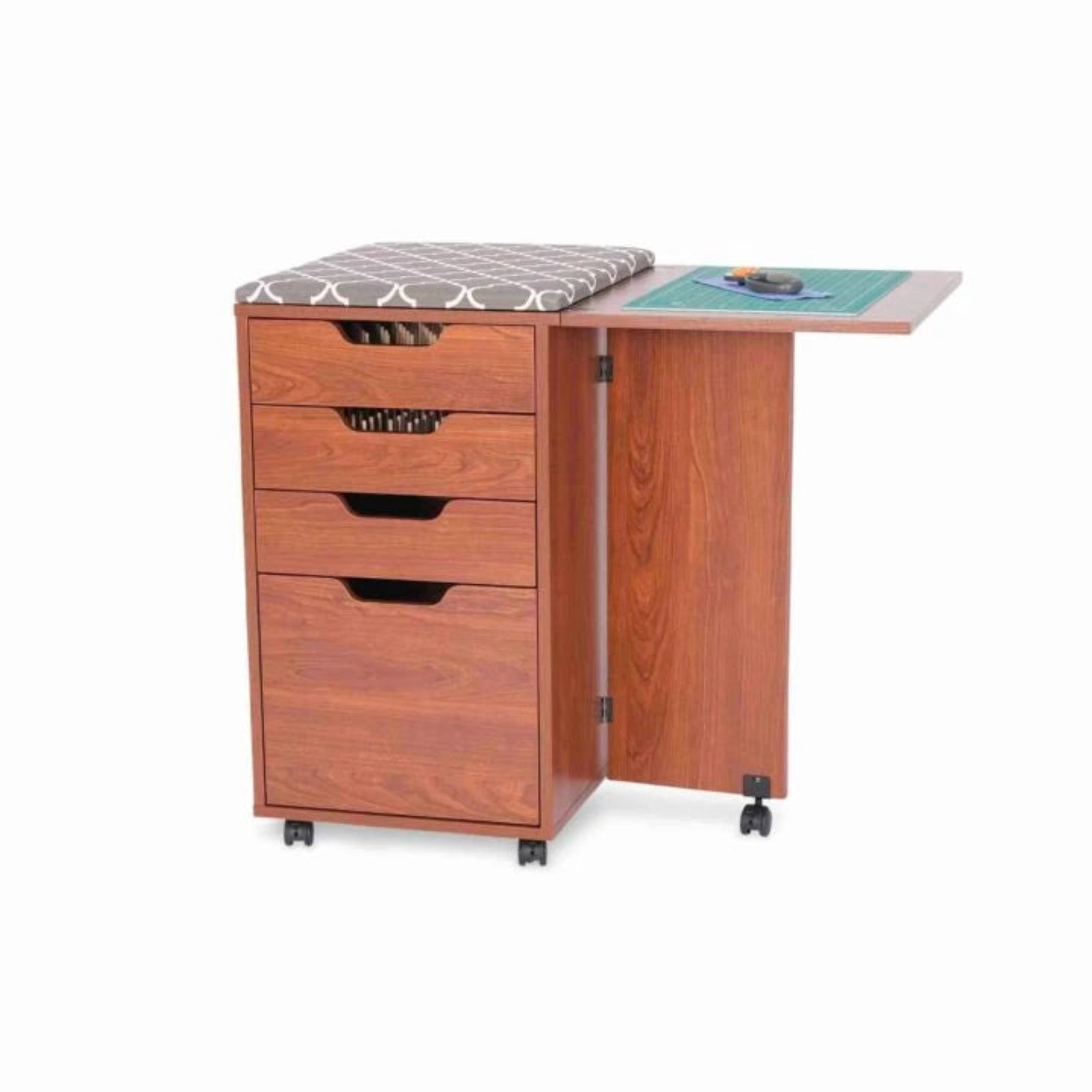 Wooden cutting table with a top surface and drawers on a white background