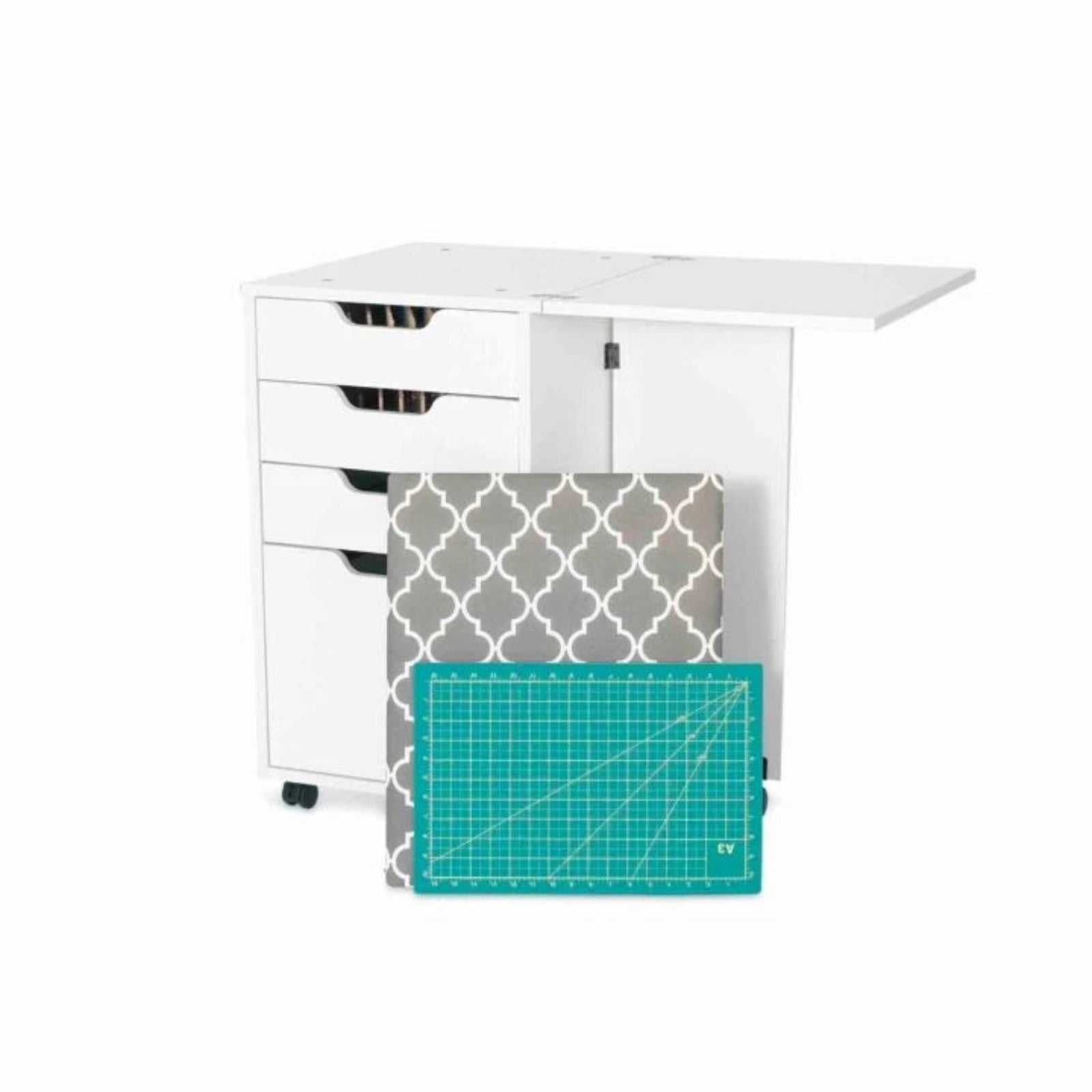 White storage with gray and green cutting mat on a white background