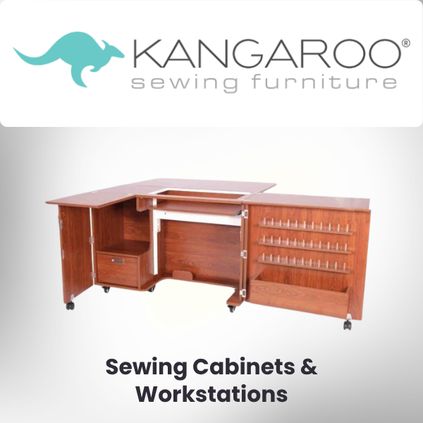 Kangaroo Sewing Furniture graphic featuring a wooden sewing cabinet with drawers, shelves, and caster wheels, along with the text “Sewing Cabinets & Workstations.”