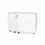 A white two-door rolling storage cabinet with silver handles and black caster wheels, shown on a plain white background.