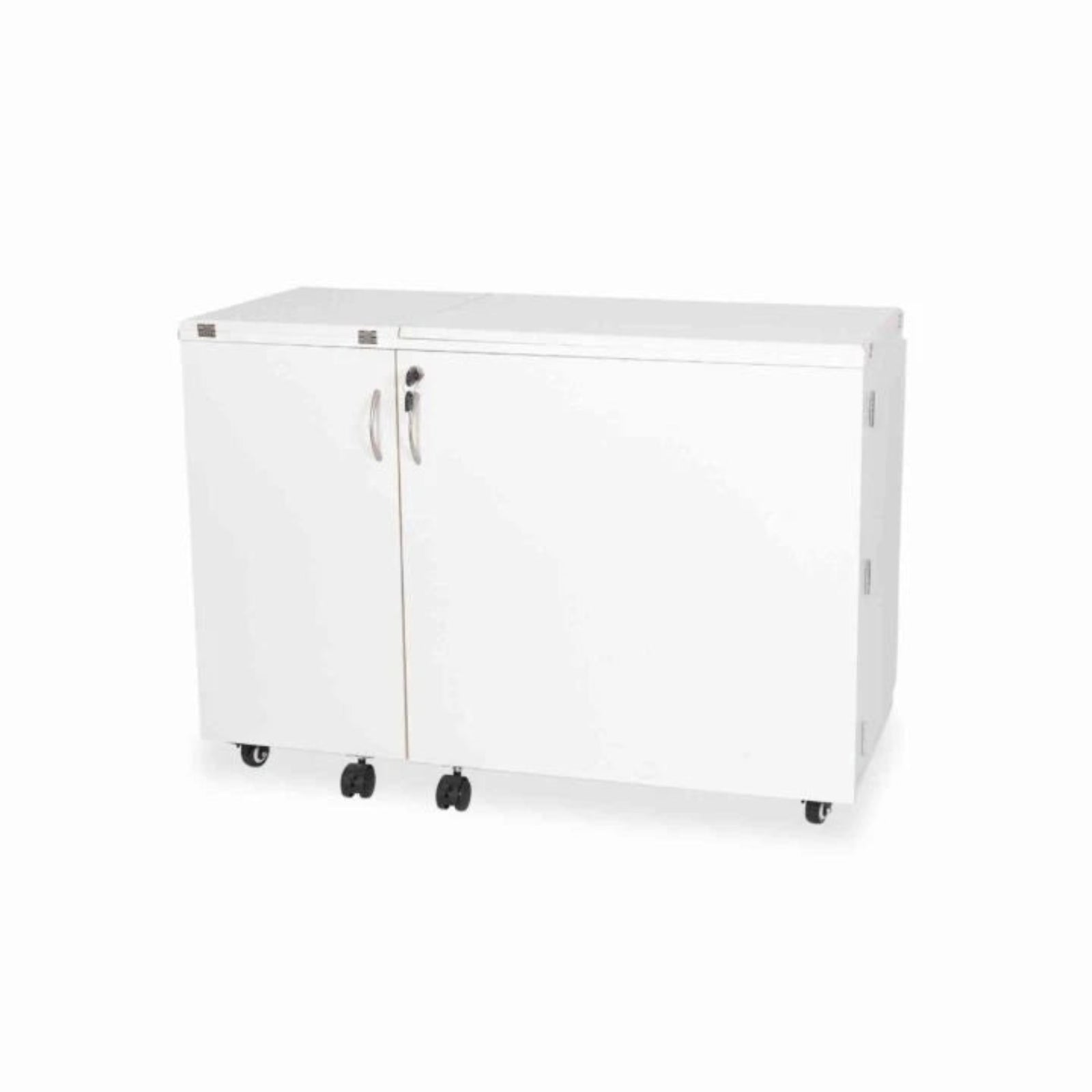 A white two-door rolling storage cabinet with silver handles and black caster wheels, shown on a plain white background.