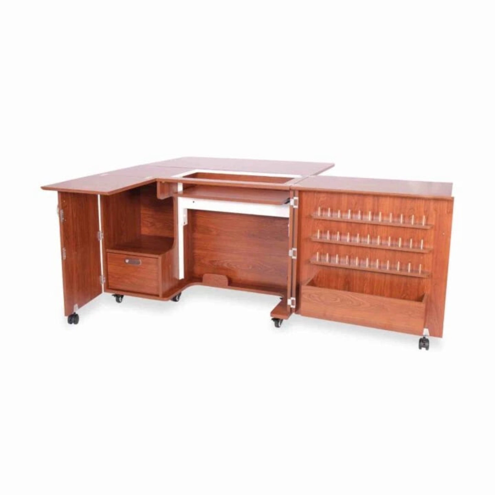 Wooden corner cabinet with shelves and drawers on a white background
