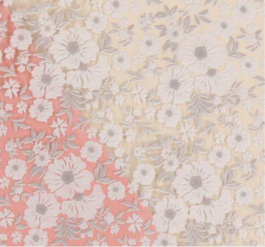 Floral pattern with white flowers on a pink and beige background
