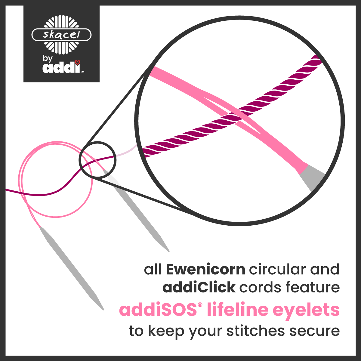 Promotional graphic for addiClick and Ewenicorn circular sewing cords, showing a close-up of pink and magenta lifeline eyelets secured with a black stitched loop, with text highlighting the addiSOS lifeline eyelet feature.