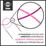 Promotional graphic for addiClick and Ewenicorn circular sewing cords, showing a close-up of pink and magenta lifeline eyelets secured with a black stitched loop, with text highlighting the addiSOS lifeline eyelet feature.