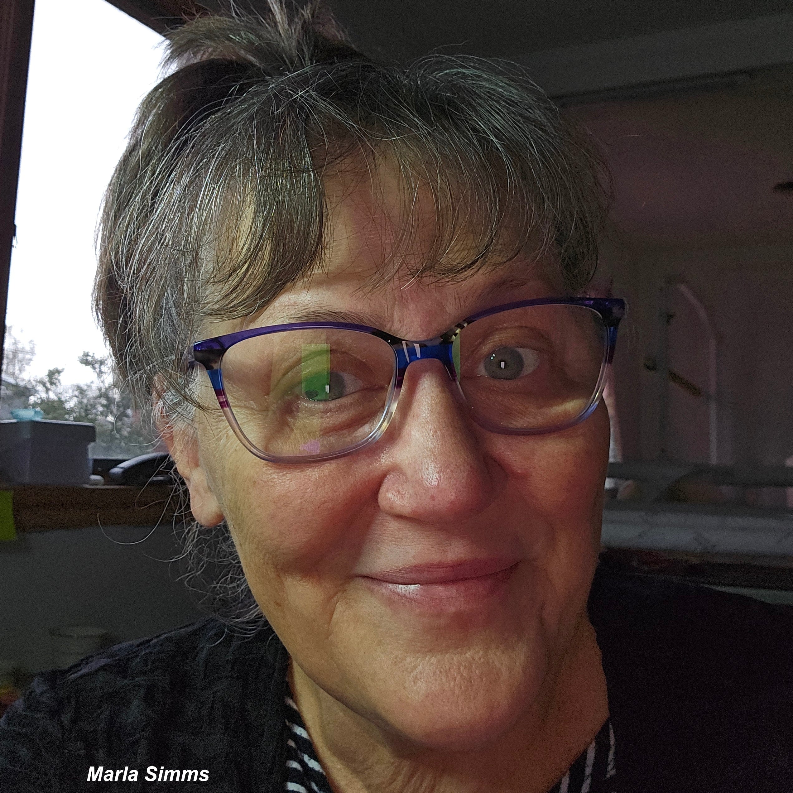 Portrait of Handi Quilter educator Marla Simms wearing glasses and smiling indoors