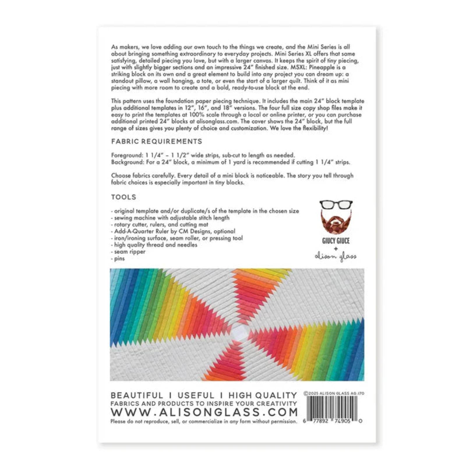 Back cover of the Alisonglass Mini Series fabric pattern booklet, showing product information, fabric requirements, tools, a small preview of the fabric design, and contact details.