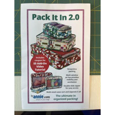 Pattern cover for Pack It In 2.0 showing three quilted travel bags in different sizes, stacked and standing to display the mesh front panels.