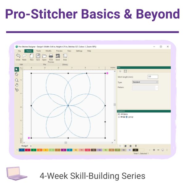 Pro-Stitcher Designer software screen showing a digital quilting design for the Basics & Beyond virtual series