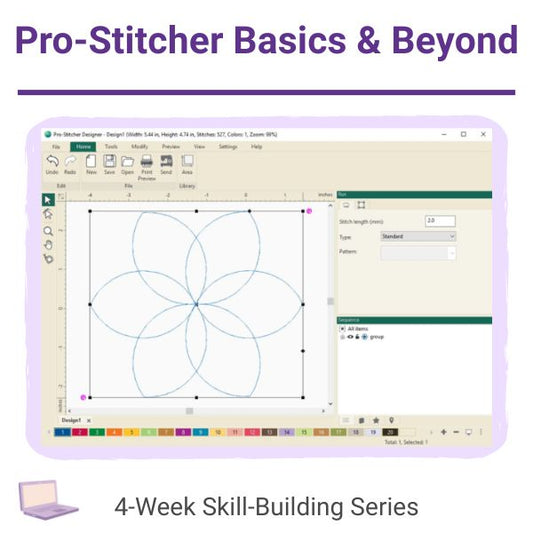 Pro-Stitcher Designer software screen showing a digital quilting design for the Basics & Beyond virtual series