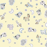 Pattern of cartoon animals and shapes on a yellow background