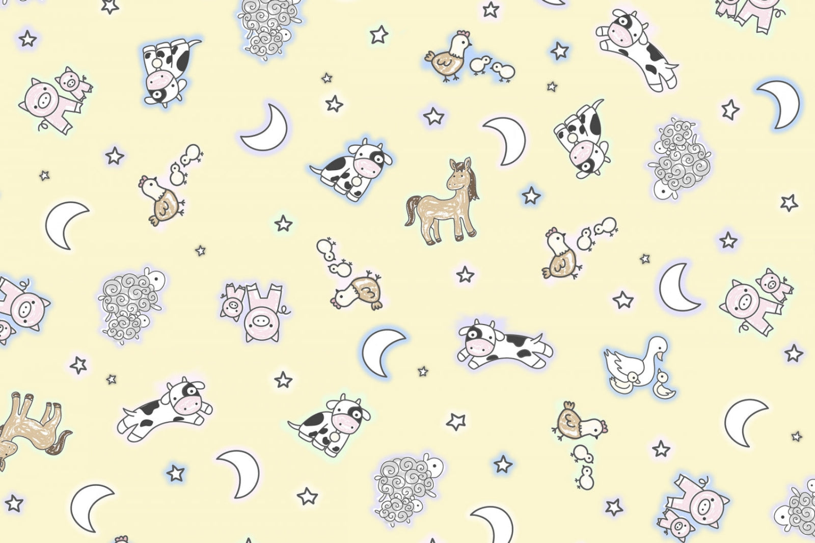 Pattern of cartoon animals and shapes on a yellow background