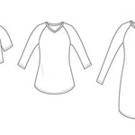 Line drawings showing the Rio Raglan in crop, top, and tunic lengths with short, three‑quarter, and long sleeve options