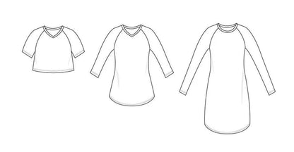 Line drawings showing the Rio Raglan in crop, top, and tunic lengths with short, three‑quarter, and long sleeve options