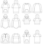 Line drawings showing multiple Santa Fe Hoodie and Top variations, including pullover and zip options, different sleeve lengths, pocket styles, and hood or neckband choices