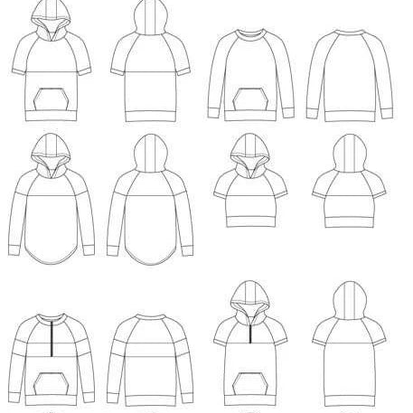 Line drawings showing multiple Santa Fe Hoodie and Top variations, including pullover and zip options, different sleeve lengths, pocket styles, and hood or neckband choices