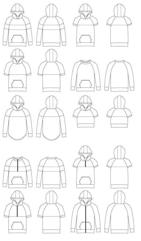 Line drawings showing multiple Santa Fe Hoodie and Top variations, including pullover and zip options, different sleeve lengths, pocket styles, and hood or neckband choices