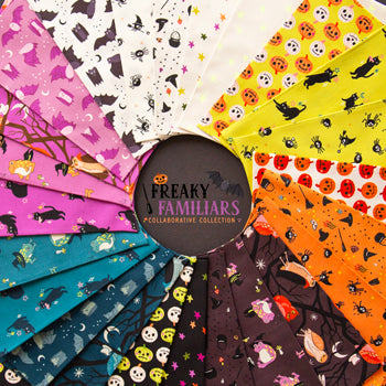 Collection of fabric swatches with Halloween-themed designs and a central label reading 'Freaky Familiars'.