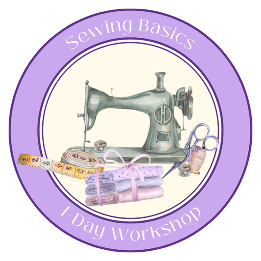 Sewing Basics 1‑Day Workshop logo featuring a vintage sewing machine surrounded by sewing tools inside a lavender circle.