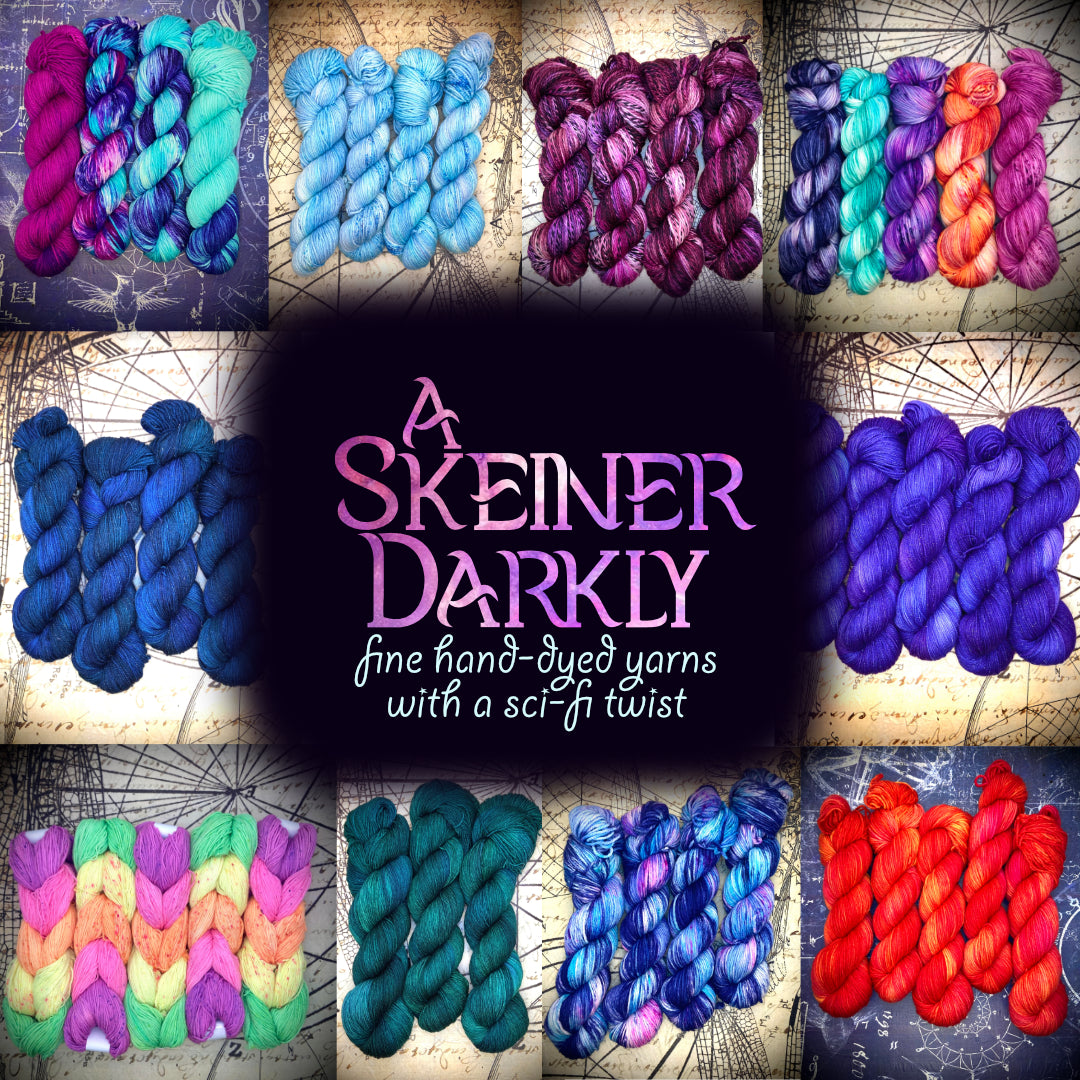 A Skeiner Darkly logo centered in a collage of colorful hand‑dyed yarn skeins in blues, purples, teals, pinks, and multicolor blends.