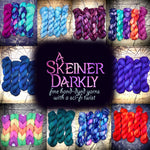 A Skeiner Darkly logo centered in a collage of colorful hand‑dyed yarn skeins in blues, purples, teals, pinks, and multicolor blends.