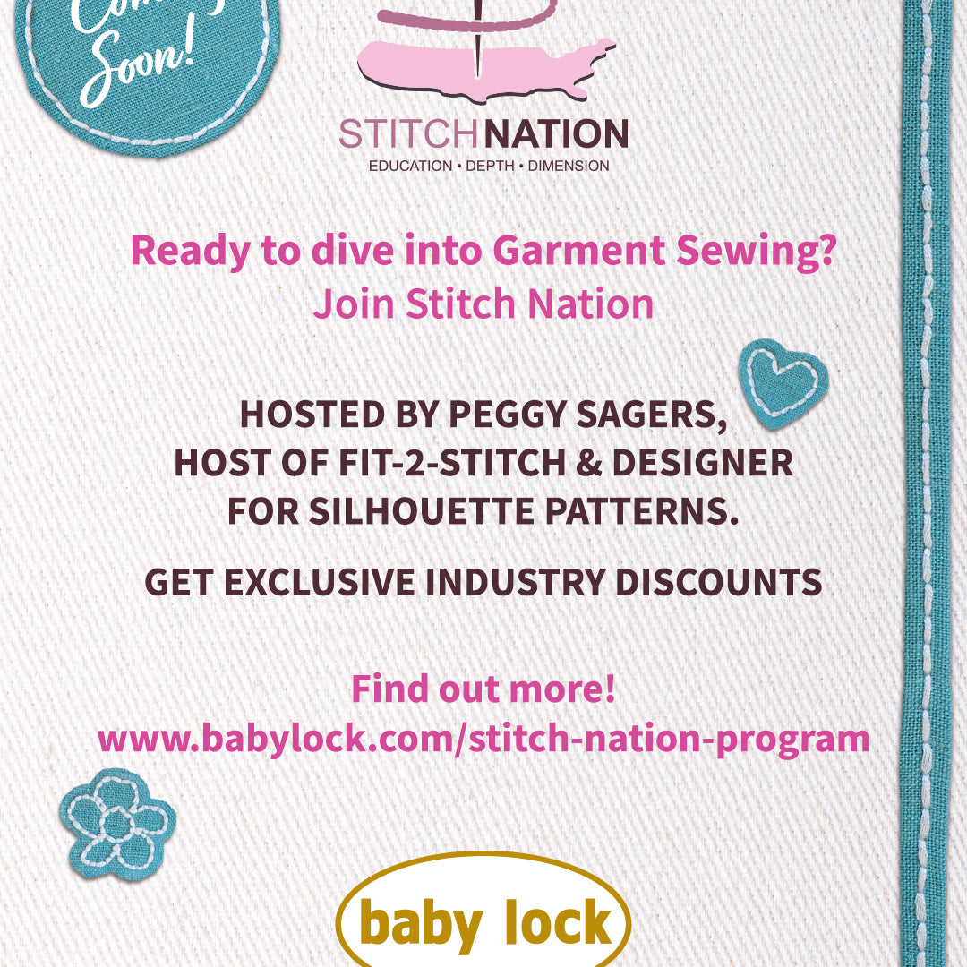 Stitch Nation promotional graphic featuring the logo, stitched borders, teal and pink accents, and text inviting sewists to join the garment‑sewing program hosted by Peggy Sagers.