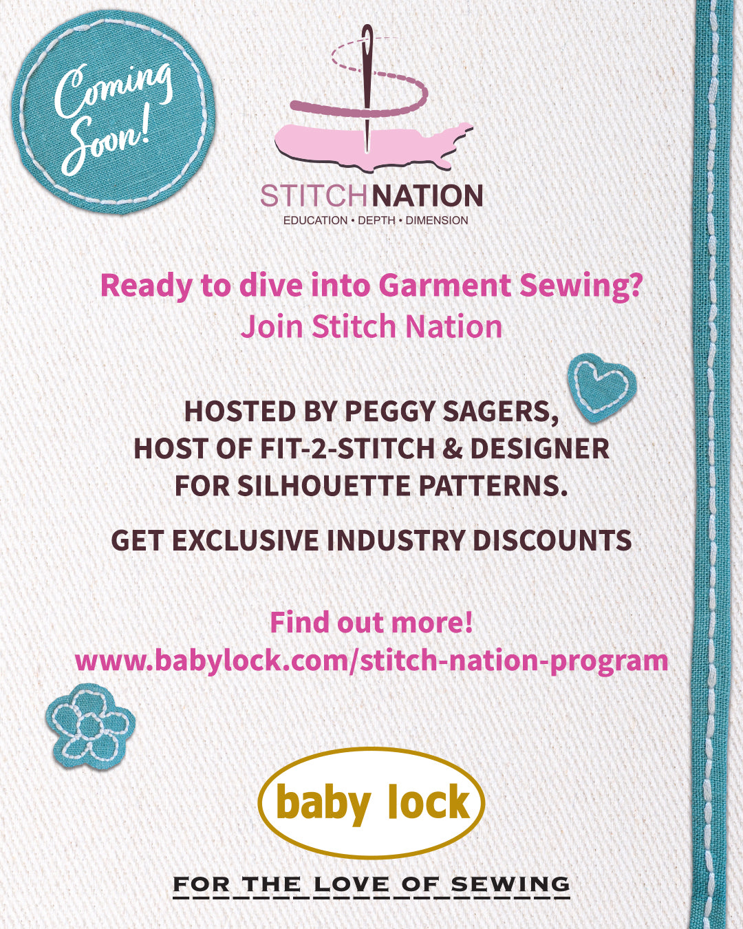 Stitch Nation promotional graphic featuring the logo, stitched borders, teal and pink accents, and text inviting sewists to join the garment‑sewing program hosted by Peggy Sagers.