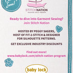 Stitch Nation promotional graphic featuring the logo, stitched borders, teal and pink accents, and text inviting sewists to join the garment‑sewing program hosted by Peggy Sagers.