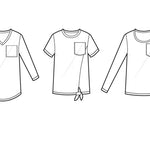 Line drawings showing the Sulky Perfect Tee in multiple variations, including V‑neck long sleeve, short‑sleeve crew with front tie, and long‑sleeve crew with pocket