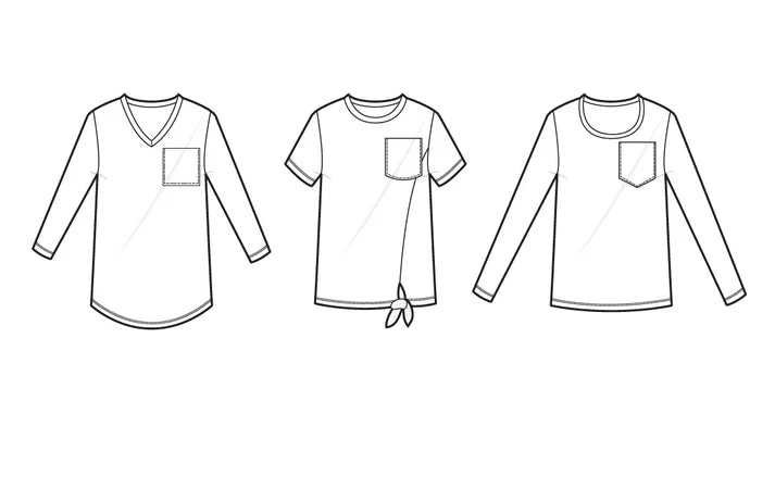 Line drawings showing the Sulky Perfect Tee in multiple variations, including V‑neck long sleeve, short‑sleeve crew with front tie, and long‑sleeve crew with pocket